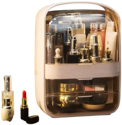 Organizator roz pudrat tip vitrina pentru produse de machiaj cosmetice si pensule 