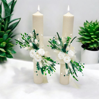 Set lumanari tip fagure si buchet cu trandafiri criogenati si plante naturale uscate si criogenate - Alb Verde smarald 