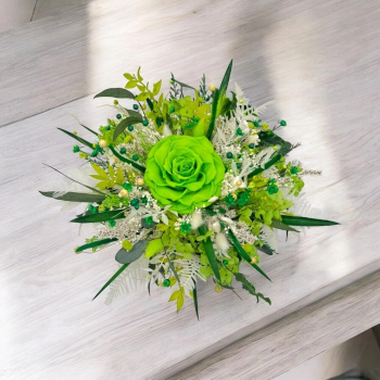 Aranjament floral in cutie personalizabil cu licheni trandafir si plante naturale criogenate si stabilizate Verde 