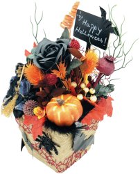 Aranjament floral mediu de Halloween cu flori uscate si figurina din rasina in suport ceramic Portocaliu 