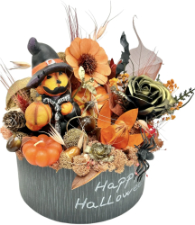 Aranjament floral mediu de Halloween cu flori uscate si figurine din rasina in dovleac Portocaliu 