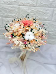 Buchet flori naturale uscate bumbac si trandafir criogenat peach fuzz personalizabil ideal pentru cununie civila nunta mireasa nasa sau 