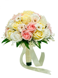 Buchet mare personalizabil cu trandafiri flori de cires si floarea miresei Alb Multicolor 