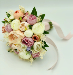 Buchet mediu personalizabil cu bujori si floarea miresei Multicolor 