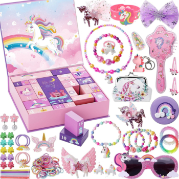 Calendar Advent Unicorn Bijuterii pentru Copii cu Accesorii Par Ochelari de Soare Poseta Numaratoarea Inversa de Craciun 24 cutii Cado