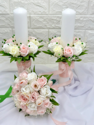Set buchet si lumanari cu trandafiri din foita parfumata de sapun si floarea miresei naturale uscata - Alb Roz Crem 