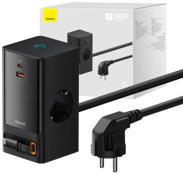 Incarcator retea Baseus PowerCombo Digital PowerStrip 2 prize AC 1x USB-C 1x USB-A cablu retractabil USB-C 65W lungime cablu 1.5m Negru