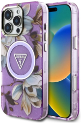 Husa pentru iPhone 16 Pro - Guess IML Metal Glitter Flowers Triangle MagSafe GUHMP16LHFLPEDU - Purple 