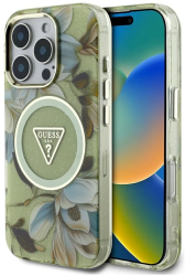 Husa pentru iPhone 16 Pro Max - Guess IML Metal Glitter Flowers Triangle MagSafe GUHMP16XHFLPEDN - Green 
