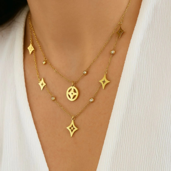 Colier elegant cu pandantive geometrice si cristale &ndash Otel inoxidabil placat cu aur 14K Ecarla NST2036 