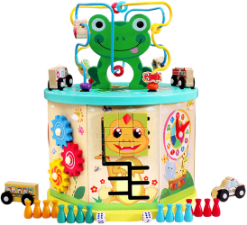 Cub educativ din lemn Montessori 9 Activitati Ceas Puzzle Labirinturi Circuit masinute 31 x 23.5 cm 