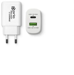 Incarcator Prio Fast Charger 25W PD PPS USB C + QC 3.0 USB A Alb 