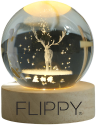 Lampa LED Decorativa Click Cristal Ball cu Diametru 6cm Design Cerb 3D Alimentare USB Suport din Lemn Lumina Alb Cald 