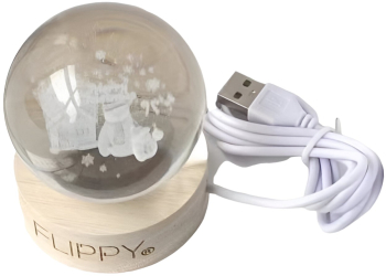 Lampa LED Decorativa Click Cristal Ball cu Diametru 6cm Design Merry Christmas 3D Alimentare USB Suport din Lemn Lumina Alb Cald 
