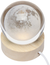 Lampa LED Decorativa Click Cristal Ball cu Diametru 6cm Model Luna 3D Alimentare USB Suport din Lemn Lumina Alb Cald 