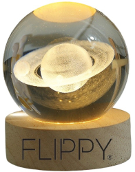 Lampa LED Decorativa Click Cristal Ball cu Diametru 6cm Model Saturn 3D Alimentare USB Suport din Lemn Lumina Alb Cald 
