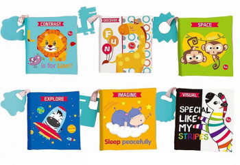 Set 6 carti senzoriale si educative din material textil pentru bebelusi cu fosnitoare si inel din silicon pentru dentitie design cu ilust 