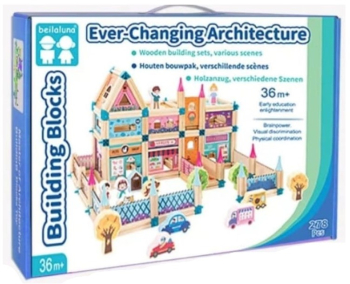 Set de Constructie din Lemn Natural si Plastic pentru Copii - 278 de Piese cu Ilustratii Vesele si Figurine Diverse 
