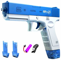 Pistol cu Apa Electric Automat Glock 18 cu 2 Incarcatoare Jet Continuu si Rezervor Distanta 10m Acumulator 3 7V USB Albastru/Alb SprintMag&r 