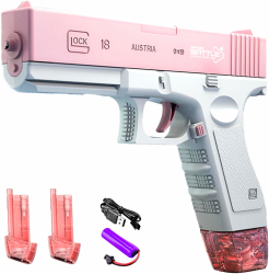 Pistol cu Apa Electric Automat Glock 18 cu 2 Incarcatoare Jet Continuu si Rezervor Distanta 10m Acumulator 3 7V USB Roz/Alb SprintMag® 