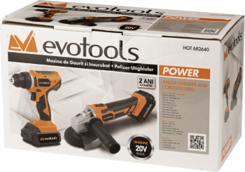 Kit Promo Masina de Gaurit si Insurubat si Polizor Unghiular cu 2 Acumulatori si Incarcator MAX 20V POWER Evotools. 