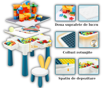 Masa activitati tip lego duplo pentru copii 1 scaunel 102 piese si 2 cutii depozitare ajustabila 37.5 x 24.5 x 37.5 cm 