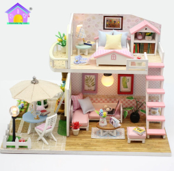 Puzzle 3D Casa de papusi in miniatura DIY Pink Loft Doll 17x12x12cm 