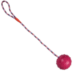 Jucarie pentru caine minge cu sfoara si maner 6 x 40cm Roz Ropet 