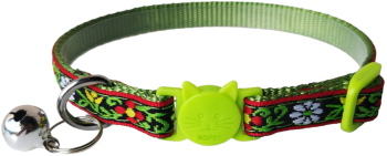 Zgarda ajustabila cu clopotel pentru pisici imprimeu floral brodat 20-32cm/1cm Verde Ropet 