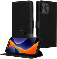 Set Husa si Folie de protectie Kwmobile pentru Apple iPhone 15 Pro Max Negru Piele ecologica/Silicon KWM000022VD001C 