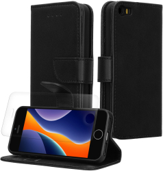 Set Husa si Folie de protectie Kwmobile pentru Apple iPhone 5/iPhone 5s/iPhone SE Negru Piele ecologica/Silicon KWM000022VG001C 