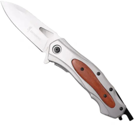 Cutit Tactic Pliabil Model Elegant cu Manar Metalic si insertie Lemn pentru Aventuri Prindere Curea 24 cm 