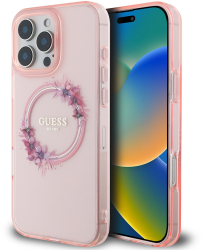 Husa pentru iPhone 16 Pro Max - Guess IML Flowers Wreath MagSafe GUHMP16XHFWFCP - Pink 