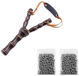Set prastie din lemn si 200 bile metalice 10 mm pentru airsoft si prastie 19 cm Maro 