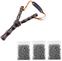 Set prastie din lemn si 300 bile metalice 9 mm pentru airsoft si prastie 19 cm Maro 