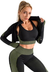 Set Fitness modelator din 3 Piese - colanti bustiera bluza cu maneca lunga si fermoar negru cu verde - S 