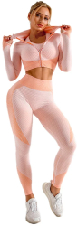 Set Fitness modelator din 3 Piese - colanti bustiera bluza cu maneca lunga si fermoar roz cu portocaliu - S 