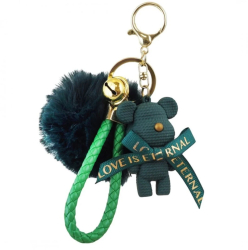 Breloc verde cu puf ursulet si fundita &bdquo Love is Eternal&rdquo &ndash Accesoriu chic pentru chei sau geanta 