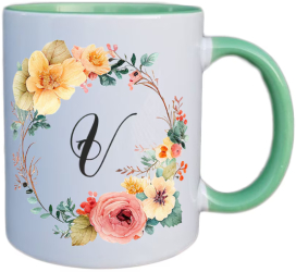 Cana maner verde personalizata cu initiala V INOVATIX® . 330ml 