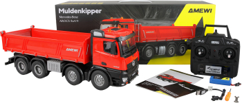 Camion RC cu telecomanda Mercedes-Benz Arocs basculanta 8x4/ Lungime 50.5 cm/ Scara 1 18/ Lumina LED/ Sunet/ 2.4 Ghz/ 8 canale/ RTR/14+ 