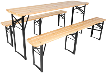 Set masa cu 2 banci pliabile Zola® cadru metalic blat lemn orificiu umbrela dimensiuni 170x46x75 cm/170x23x46 cm crem 