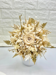 Buchet alb-auriu cu flori naturale uscate si trandafir criogenat XL personalizabil ideal pentru cununie civila nunta mireasa sau cadou 
