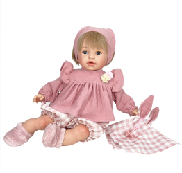 Papusa Nines DOnil Noa Rosa cu parul blond sunete rochie roz ambalata in saculet miros de vanilie 45 cm 