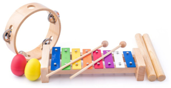 Set de joaca instrumente muzicale din lemn - Xilofon tamburina 2 maracas 