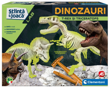 Set educativ Stiinta si joaca Clementoni - Descopera Dinozaurul T-Rex and Triceraptor Fluorescent 