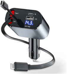 Incarcator auto 120W cu afisaj LED 4 in 1 fast charge USB-C Type-C si Lightning 12&ndash 24V 