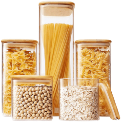 Set 8/6/5 Recipiente patrate din sticla borosilicata cu capac din bambus etans Koken pentru depozitarea alimentelor uscate si cerealelor - 