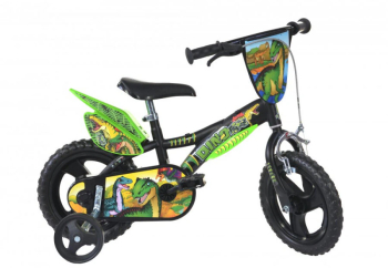 Bicicleta cu pedale Dino Bikes Dinozaur T-Rex Cu roti ajutatoare 12 inch Pana la 40 kg 3 ani+ Multicolor 