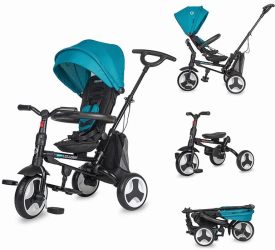 Tricicleta pentru copii Coccolle Spectra Turquoise Tide ultrapliabila cu scaun reversibil cu pozitie de somn de la 1 an 