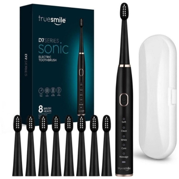 Periuta de dinti electrica Sonic D7 True Smile reincarcabila negru cu 8 capete de schimb si husa transport alb TS0102 